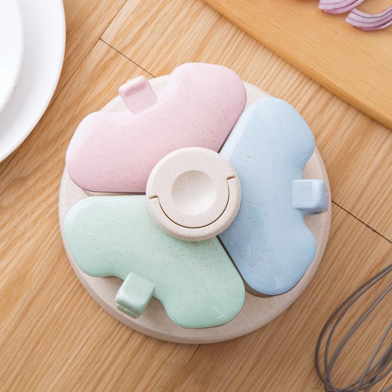New Wheat Straw Rotating Seasoning Jar Three-in-one Combination Set Kitchen Supplies Salt Storage Bottle