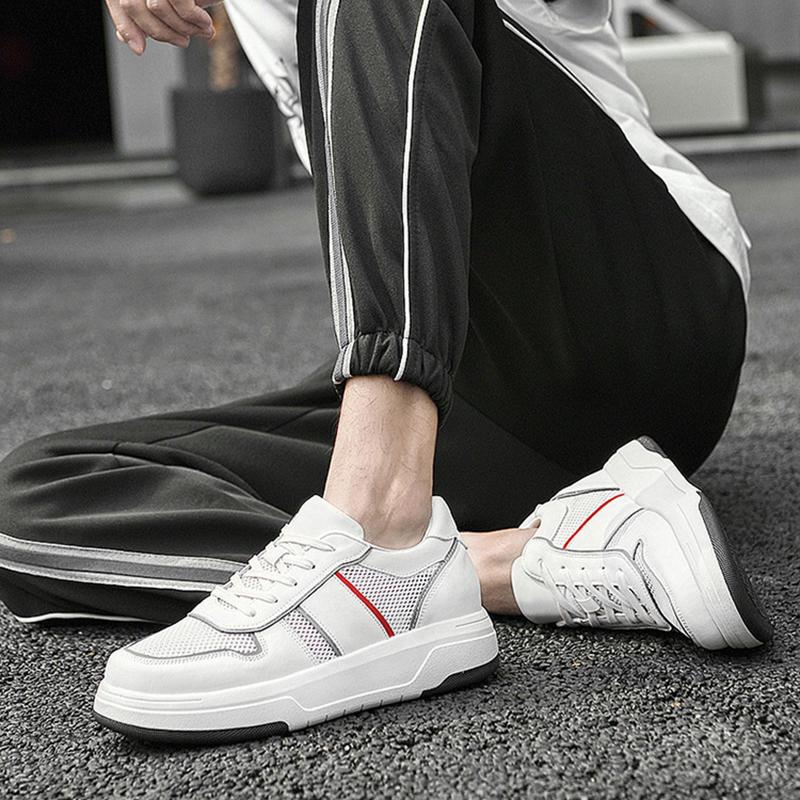Fashion Casual Mesh Sneakers Summer Genuine Leather+mesh Increase 6CM Heightening Shoes Hollow Out Men Footwear Mesh Breathable Shoes