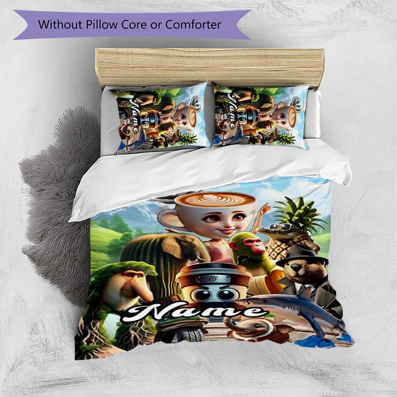 3pcs Custom Name Cartoon Italian Brainrot Animal Bedding Set Duvet Cover Closure Includes 1 Duvet Cover & 2 Pillowcases for All Seasons Bedroom Decor