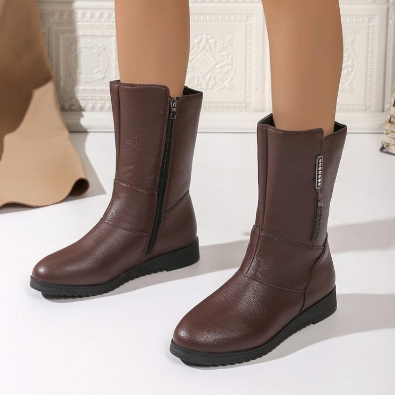 Middle Boots Winter Women'S Korean Style Low Heel Solid Color Fce Warm Plus Size 41 42 Outdoor Anti-Skid Boots New