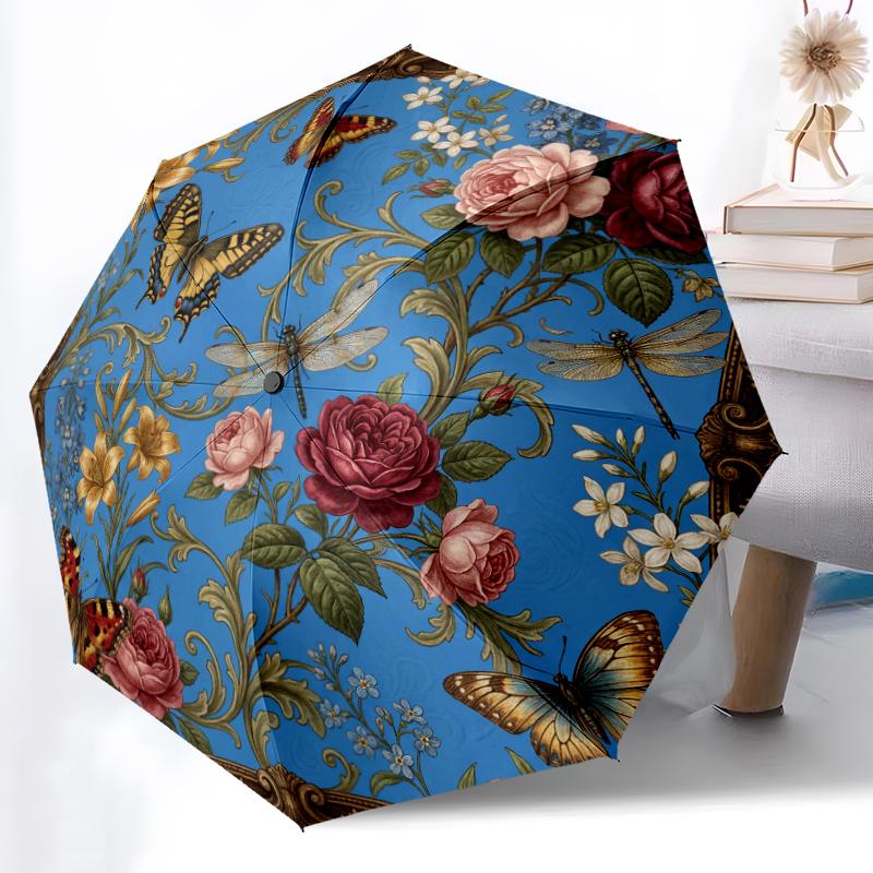 1pc Sturdy 8-Bone Auto Umbrella, Sky Blue Butterfly Lily Cluster Umbrella, Digital Printed, Foldable Umbrella for On-the-Go Outdoor Use