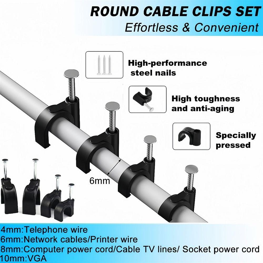 100Pcs/Set Plastic Metal Nail In Cable Clips Black Coaxial Cable Clamp  for Home Office Workshop