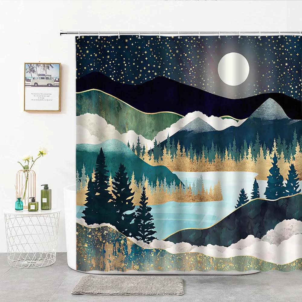 Ocean Mountain Peak Landscape Shower Curtains Chinese Style Art Light Luxury Home Decor Bedroom Bathroom Curtain with 12 Hooks