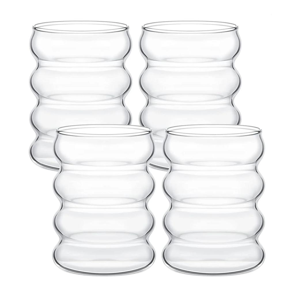 2/4 Stück Wellenform Getränkegläser mit Strohhalmen Vintage Glasbecher Riffelglas Trinkgläser für Wein Champagner Kaffeebecher