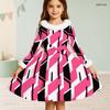 Girls High Neck Long Sleeve Geometric Printed Dress Furry Collar And Cuffs A Line Flared Hem