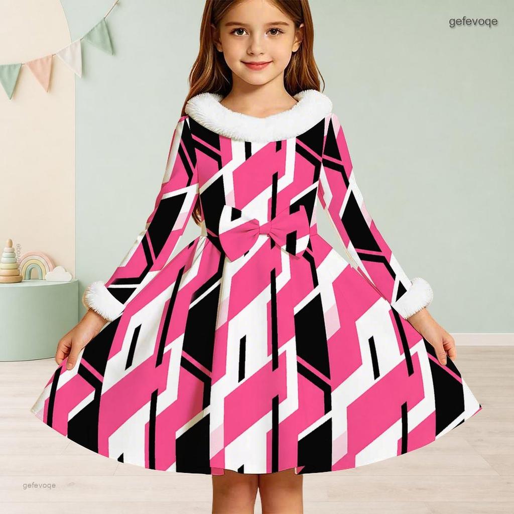 Girls High Neck Long Sleeve Geometric Printed Dress Furry Collar And Cuffs A Line Flared Hem