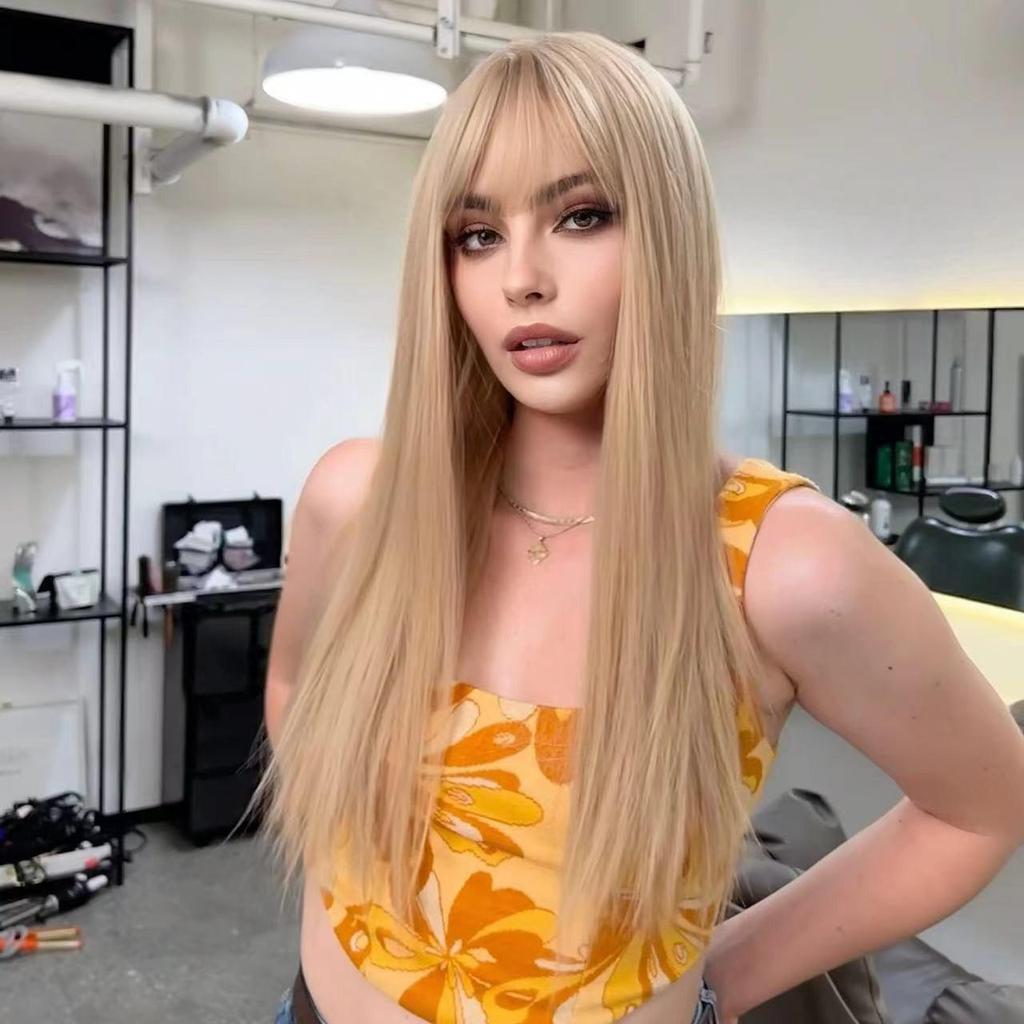 Women's Long Straight Blonde Wig, Heat Resistant Synthetic Hair Wig with Bangs for Daily Party
