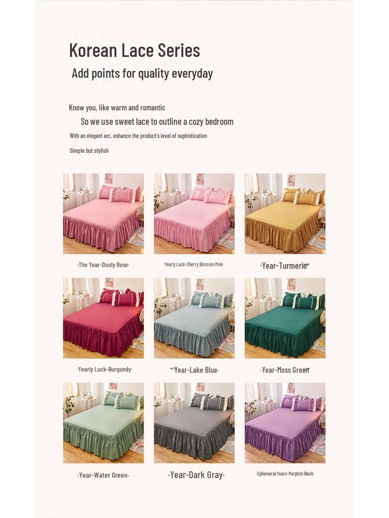 Korean Style Princess Bed Skirt - Non-Slip, Solid Color Cover
