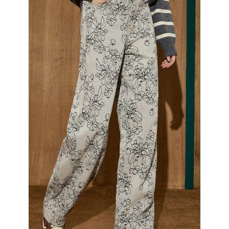 Coolhut2025 Autum Loose High-Waisted Jacquard Design Jeans Printed Floral Wide-Leg Pants Women's Jeans