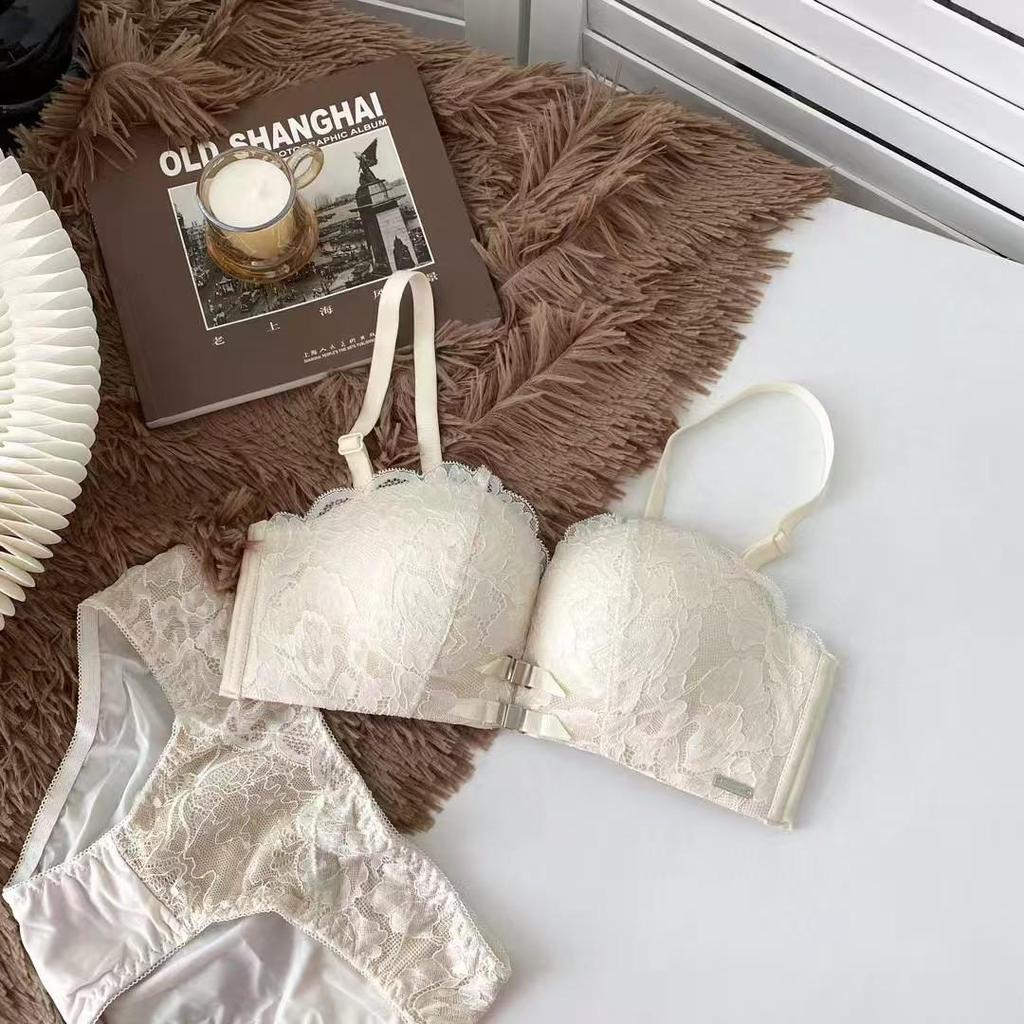 Women's Push-Up Lace Bra - Double Front Closure, Wireless, Adjustable, Side Support, Beautiful Back Design