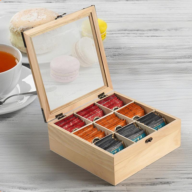 Tea Box Organizer Tea Bag Holder 9 Compartments Decorative Teabag Holder Containers Teabox Station Display For Friends Lovers
