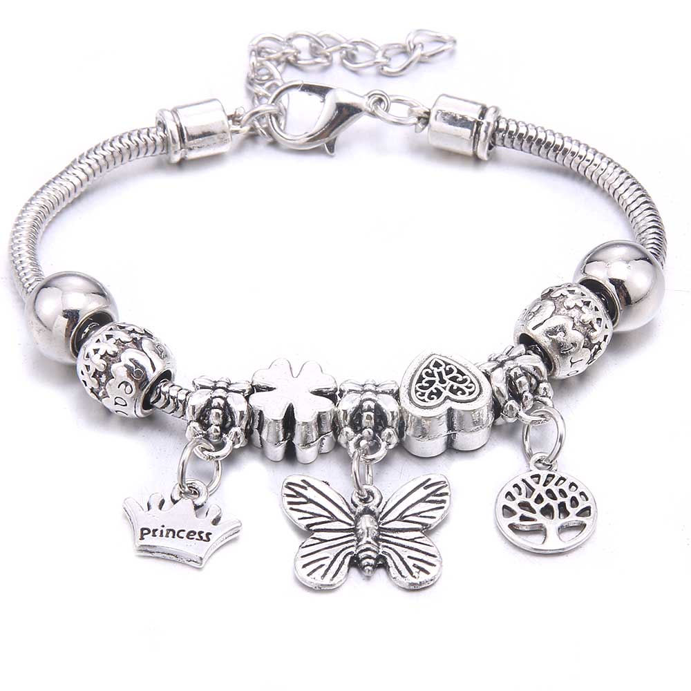 New Charm Bracelet & Bangles Jewelry White Butterfly Crown Beads Bracelets Brands Bracelets Fit Women Girl Friendship Gift