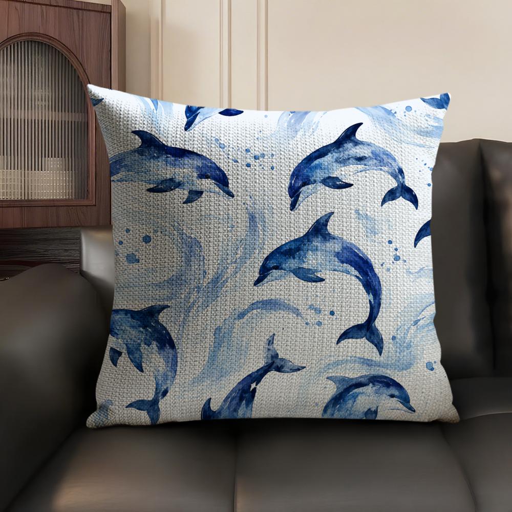 Whale Print Cushion Cover Breathable Linen Organic Fabric DoubleSided Printing Sofa Pillow Case Home Decor