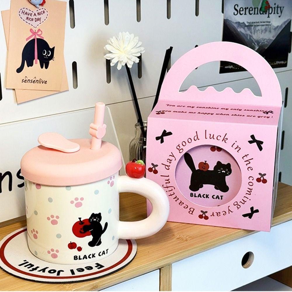 With Straw Cute Drinking Cup Cute Cat Pattern Water Cup with Lid for Best Friend