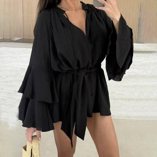 Summer Ruffle Long Sleeve Dress for Women Casual V Neck A-line Swing Mini Dress with Belt Irregular Vacation Dress