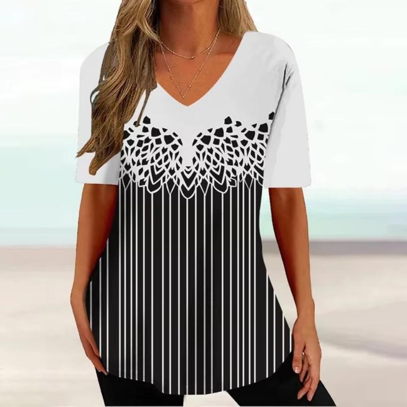 3D Printing Vintage T Shirt Women Summer V-Neck Pullover Short Sleeve Ladies Clothing Simple Black Women's T-Shirt Streetwear