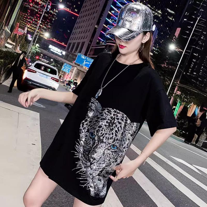 2024 Pure Cotton Women's Rhinestone Top - Mid-Length European Edition