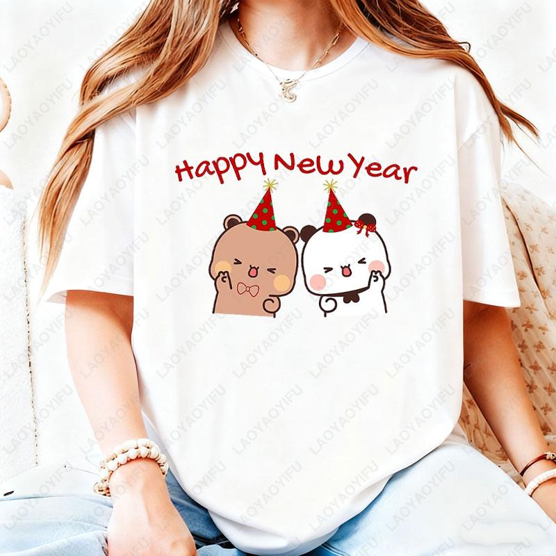 Happy New Year Bubu Dudu Emoticon Graphic Tshirt Trendy Fun New Year Tees Fashion Streetwear Cartoon Holiday Party Cotton Tees