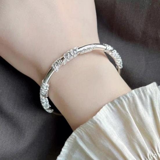 Women Bangle Flower Emboss Alloy Silver Color Chinese Style Adjustable Smooth Polished Wrist Jewelry Anniversary Birthday Gift Lightweight Bangle