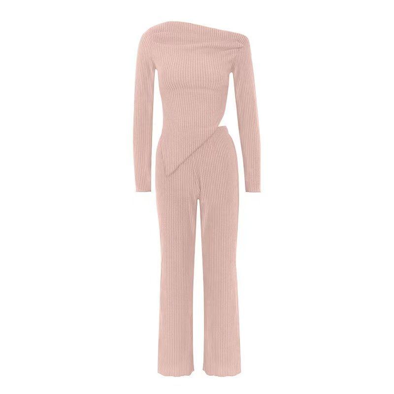 

Fashion Wind New Arrival Casual Micro Oblique Shoulder Tops Loose Pants Suit Top and Wide Leg Pants Set Pink S