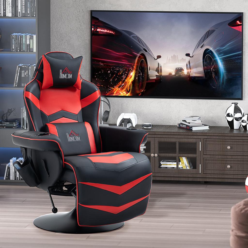 Sedia da Gaming, Funzione Massaggio, Schienale Reclinabile, Poggiapiedi, fino a 120 kg, Telaio in Acciaio, Ecopelle, Rosso