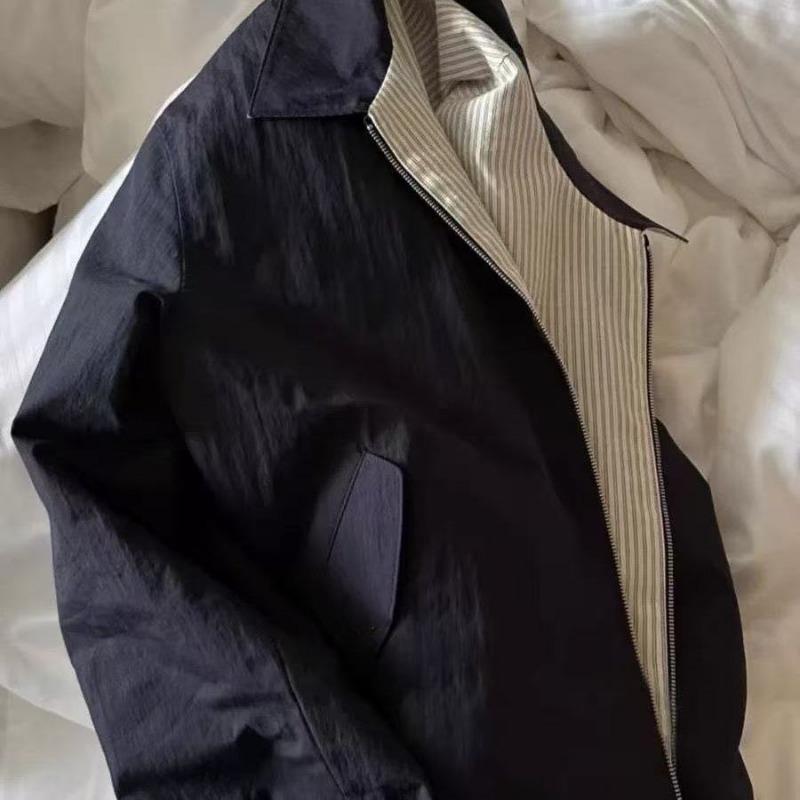 Retro Double-sided Striped Women Lapel Jacket Autumn New Loose Short Casual Long-sleeved Top
