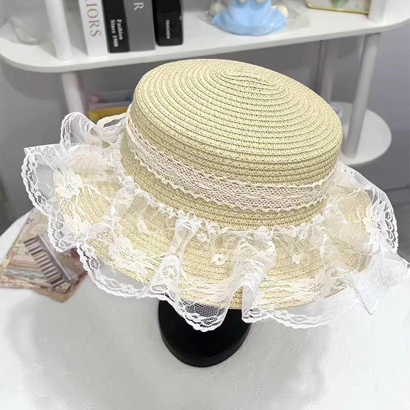 Sweet and Cute Mori Big Eaves Soft Girl Lace Bow Streamer Hat Lolita Travel Sunscreen Braided Hat