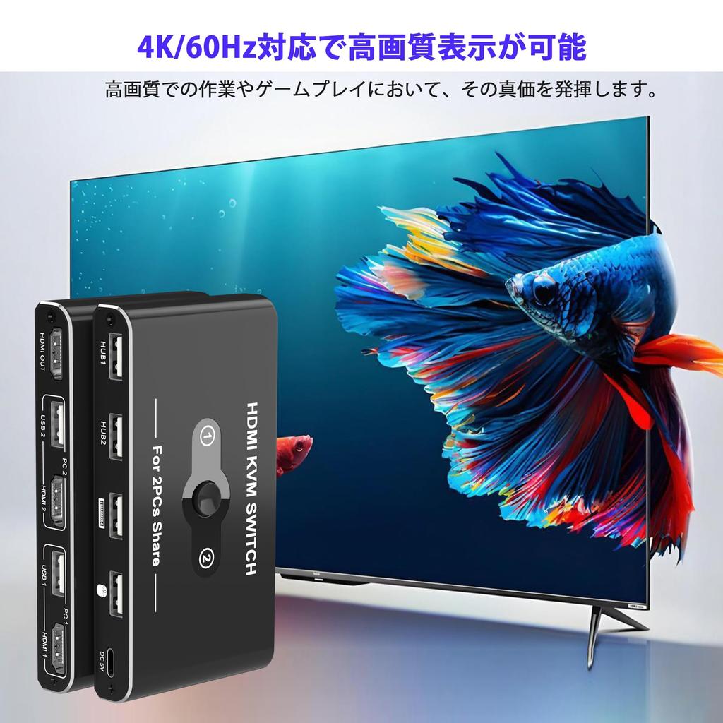 KVM Switch for 2 PCs (HDMI), Shares Keyboard/Mouse/Printer/Display, 2 Inputs/1 Output, 4K@60Hz Video Output, 4 USB-A Ports, Compatible with Keyboard/M