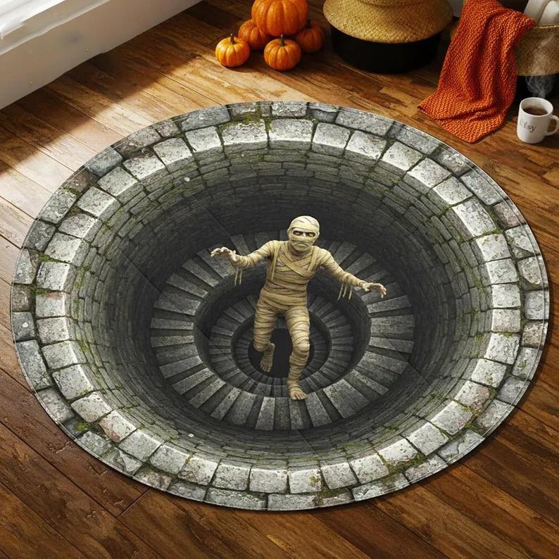 

Halloween 3D Skeleton Man in Stone Hole Horror Night Round Carpet Horror Castle Pumpkin Bat Pattern Anti Slip Mat Gift Diameter 60cm