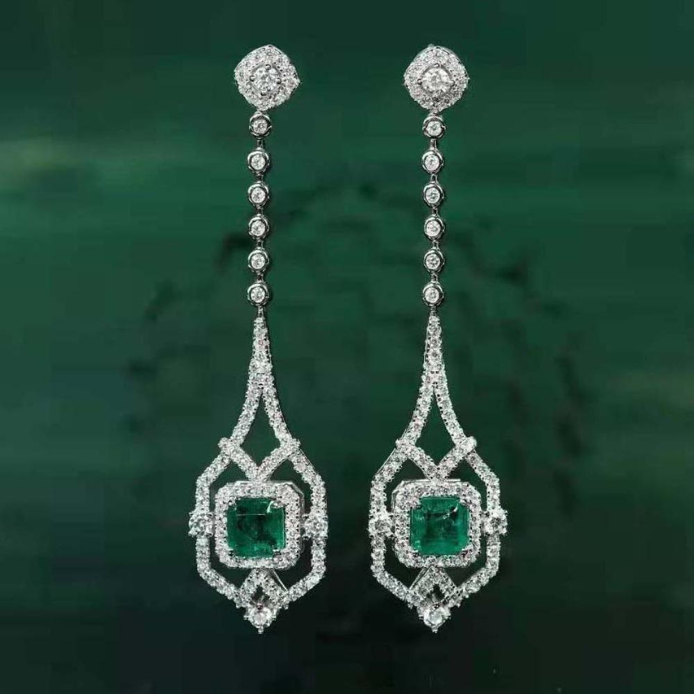 Luxury Feather Long Earrings Emerald Hollow Shield Dangle Earrings for Women Fashion Jewelry