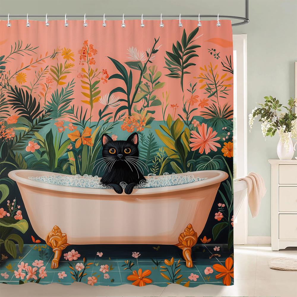 Nordic Style Flowers Leaves Animals Shower Curtain Cat and Dog Printed Bathroom Bath Curtain Home Decoration Curtain With Hooks