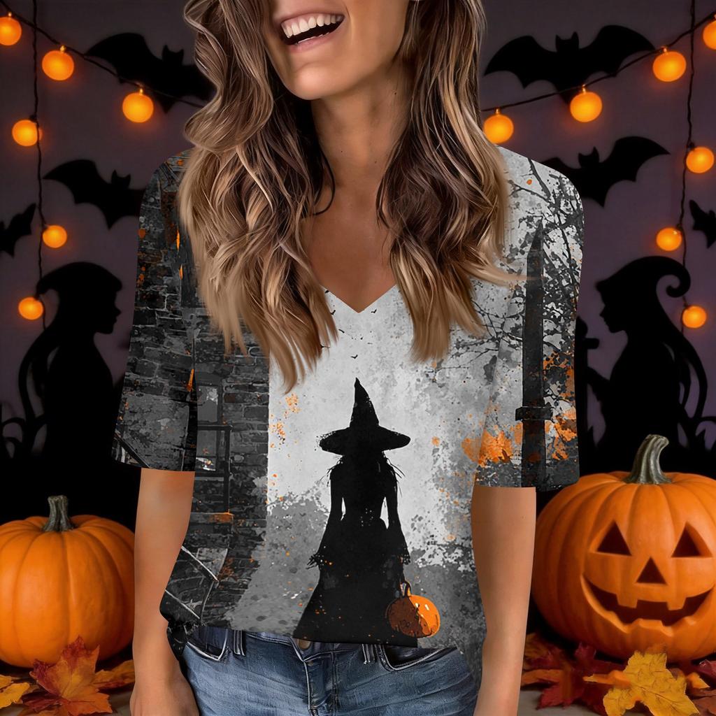 Women's Fashion Short Sleeve V Neck Halloween Print Tunic Top for Casual Wear