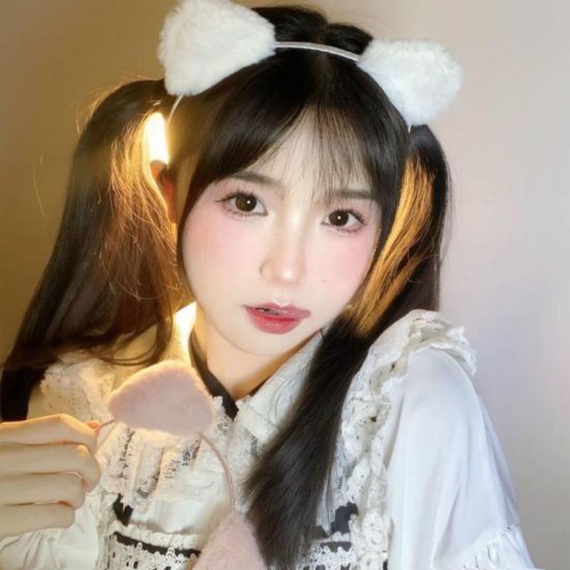 Women Hairband Soft Fluffy Plush Cartoon Kitty Ear Decor Elastic Narrow Brim Anti-slip Regular Fit Solid Color Head Decoration Hair Hoop
