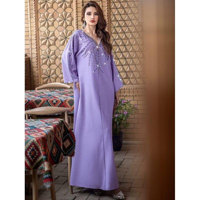 

New Middle East Dubai V-neck Hand-Stitched Rhinestone Robe Dress Hand Sewn Diamond Dress Light purple 2XL