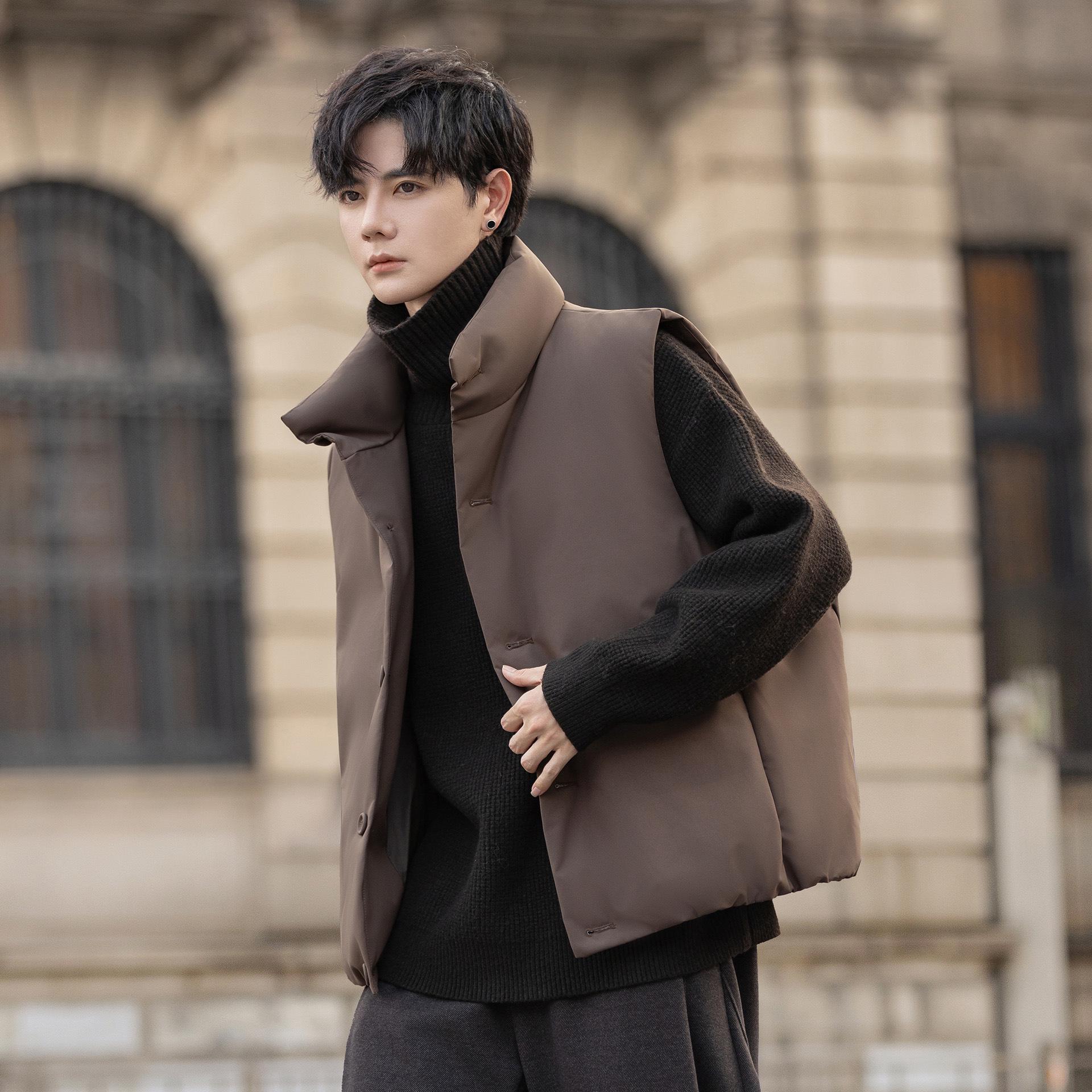 

Men s Trendy Stand Collar Puffer Vest - Thickened Winter Down Outerwear 88045-P195 L (120-135 lbs) кавовий