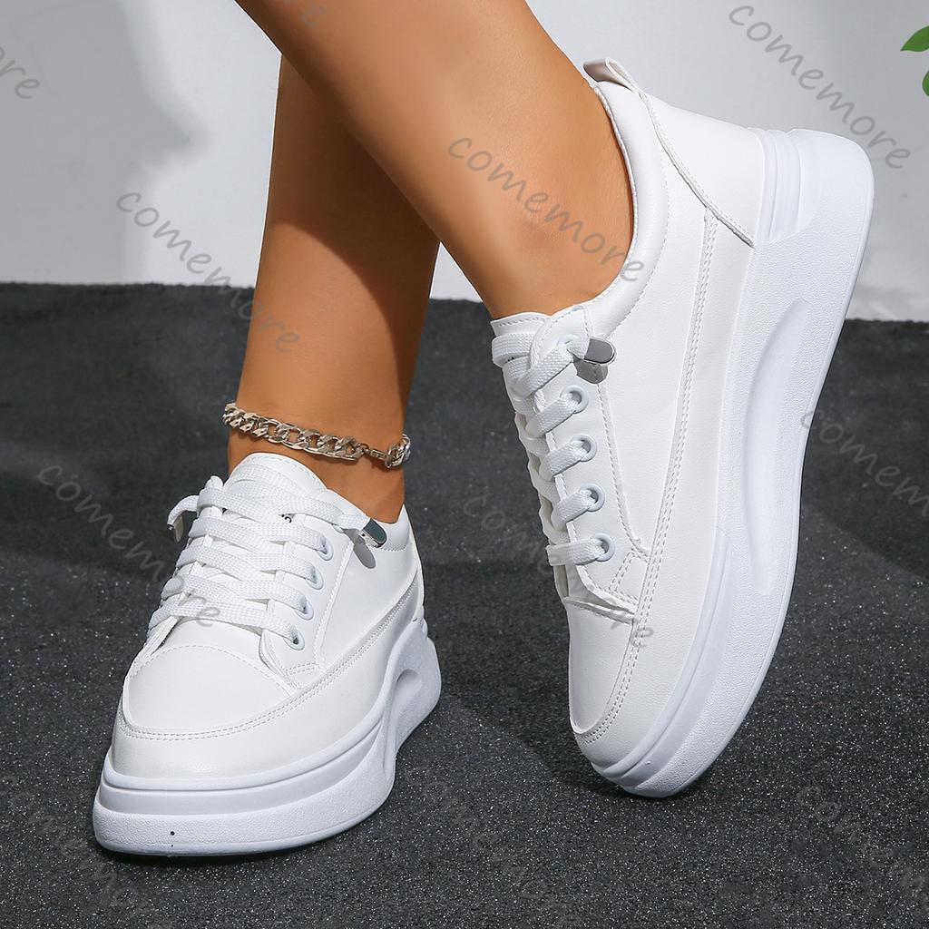 Comemore Spring and Autumn New White Sneakers Casual Thick Bottom Heightening Shoes for Women Lace Up Flat Board Tennis Shoes