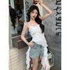 Pure Desire Ruffled Strapless Tank Top for Women, Spring and Summer Irregular Ribbon Vacation Style Sleeveless Top with a Unique Design