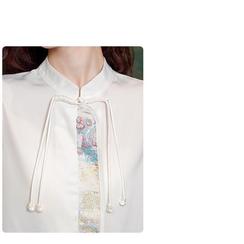 Women's Pullover Embroidered Round Neck Bright Silk Lantern Long Sleeve Chiffon T-shirt Casual Clothing Chinese Style Tops