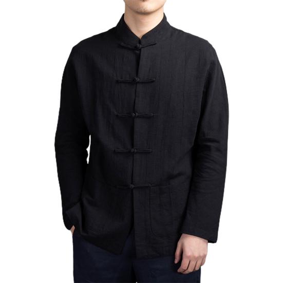 

Men Autumn Chinese Style Shirt Top Mandarin Collar Long Sleeve Pockets Disc Button Traditional Kung Fu Tai Chi Shirt Tang Tops Uniform 3XL чорний