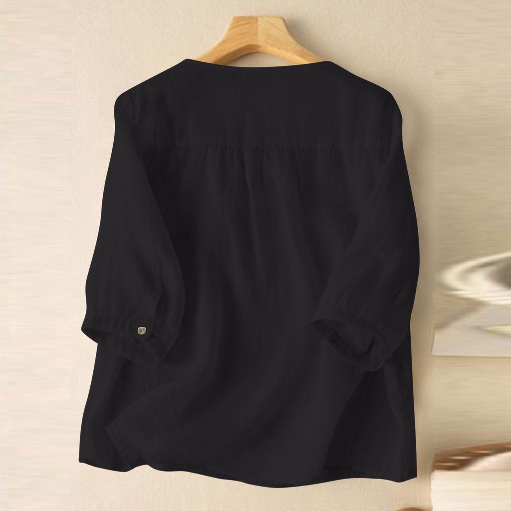 Women's Solid Color Cotton And Linen Short-sleeved Embroidered Retro Breathable T-shirt Round Neck Top