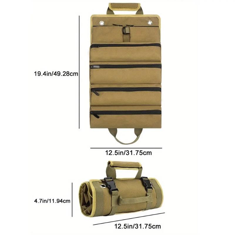 Robuster Roll-Up-Werkzeugtaschen-Organizer mit 4 Werkzeugtaschen und 2 abnehmbaren Taschen.