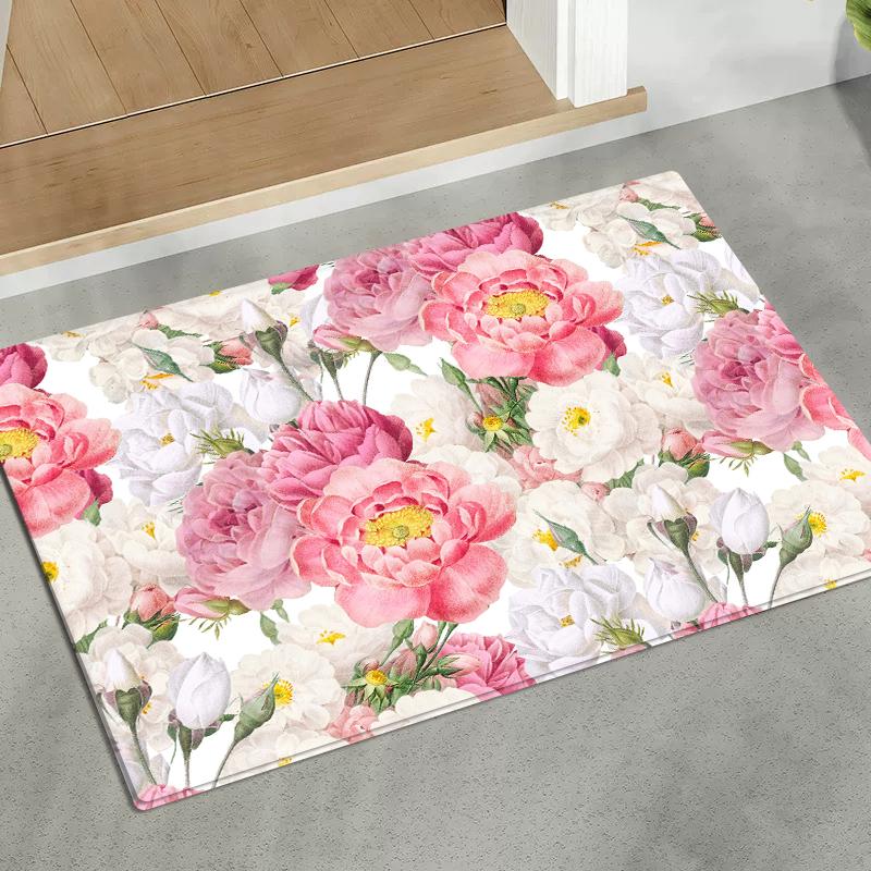 3D Colorful Flowers Flannel Doormat Absorbent Mat for Bedside Entrance Kitchen Floral Rug Home