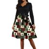 Vestido retrô feminino casual com decote em V e manga comprida, estampa retrô de Natal