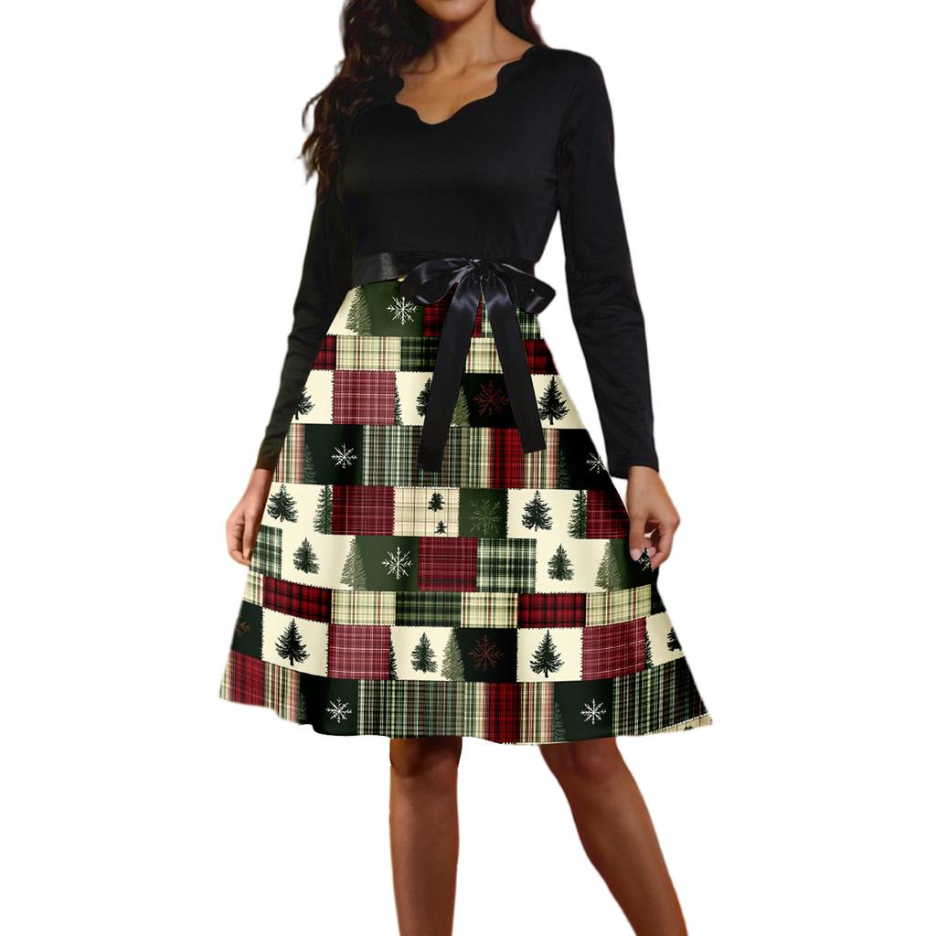 Vestido retrô feminino casual com decote em V e manga comprida, estampa retrô de Natal
