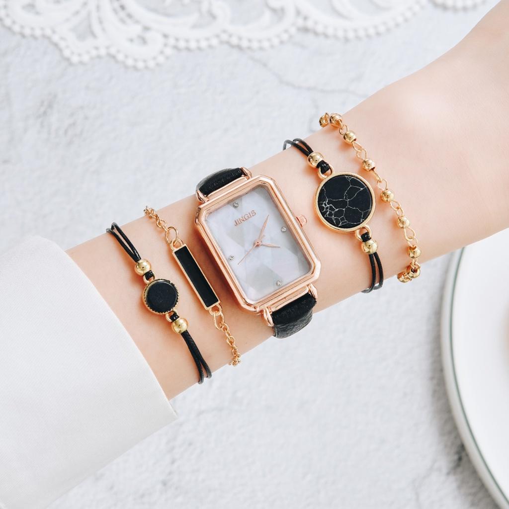 (Armband inklusive) Damenuhr mit quadratischem Zifferblatt und Lederarmband