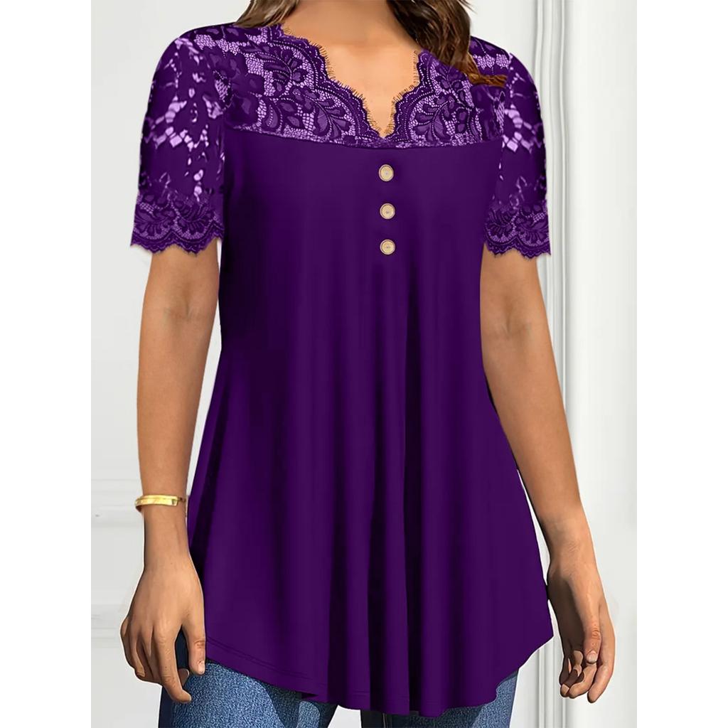 Spring Summer Women's Solid Color Lace Trim V-neck Short Sleeve Casual Shirt for European American