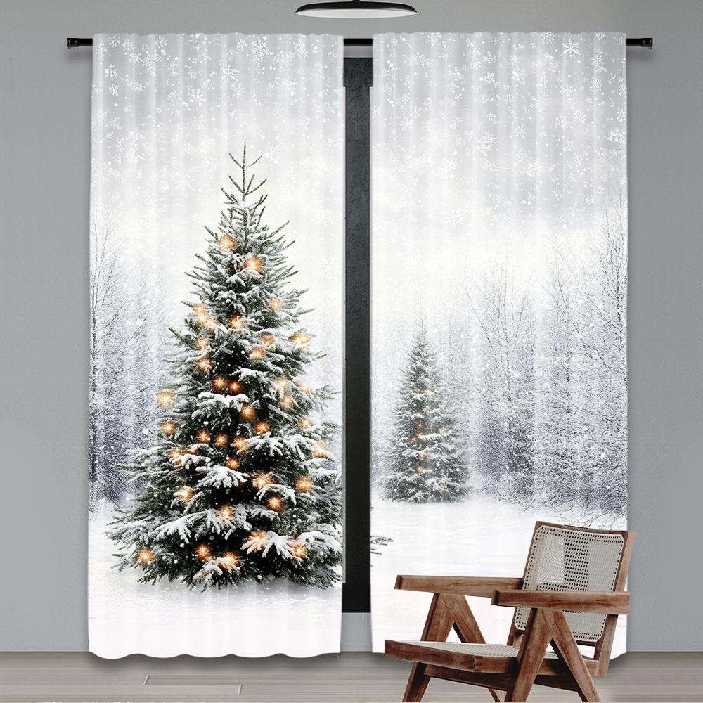 Set Of 2 Modern Christmas Curtain Natural Winter Forest Snowflake Snowfall White Snow Tree Home Party Decoration Simplistic Drapes Made Polyester