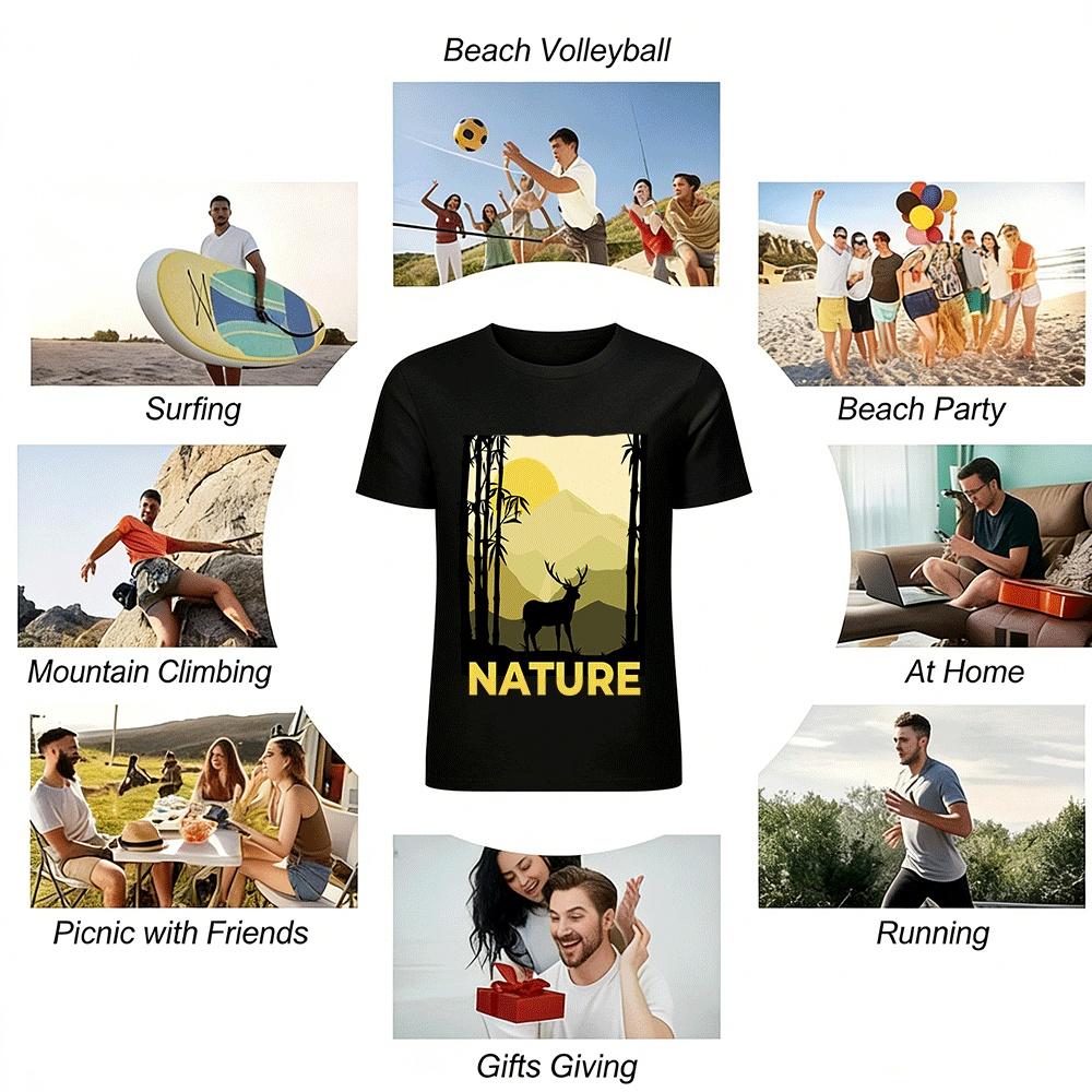 Nature Bamboo Forest Deer Print Outdoor Casual Top Pure Cotton T-shirt