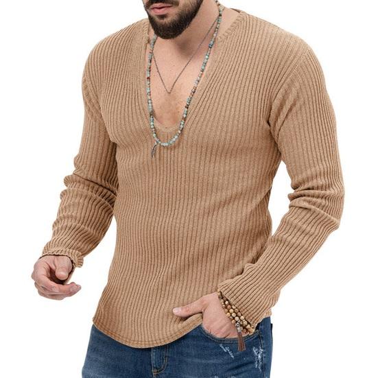 Men Fall Winter Sweater V Neck Slim Fit Long Sleeve Elastic Knitted