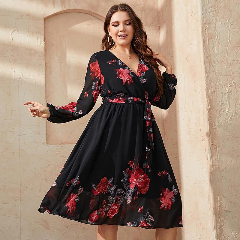 Plus Size Floral Print V Neck Midi Belted Dress Women Casual Spring Fall Long Sleeve Elegant Vintage A-Line Dresses
